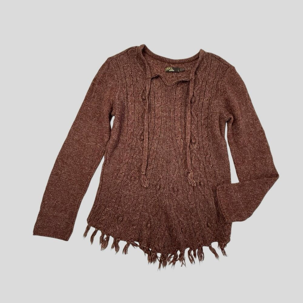 prAna Shelby Poncho Sweater Large Brown Wool Blend Tassel Trim Cable Knit Boho